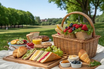 A delightful summer picnic basket brimming with sandwiches, croissants, fruit, and juice, set amidst a serene park landscape.