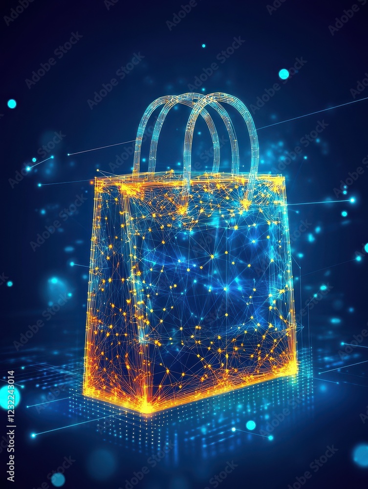 Poster a digital shopping bag made of glowing lines and dots on a blue background with a blurred bokeh effe