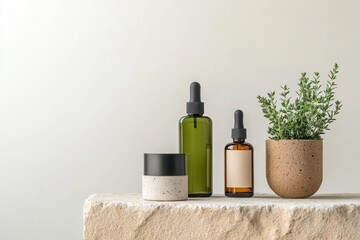 Naklejka premium Natural cosmetic products displayed on a minimalist stone surface with a green plant in a pot