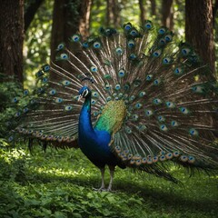 Obraz premium A peacock spreading its colorful feathers in a lush, green forest.