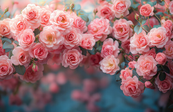 A wall of pink roses serves as the backdrop, with a floor-to-ceiling shot in high-resolution photography, flower.
