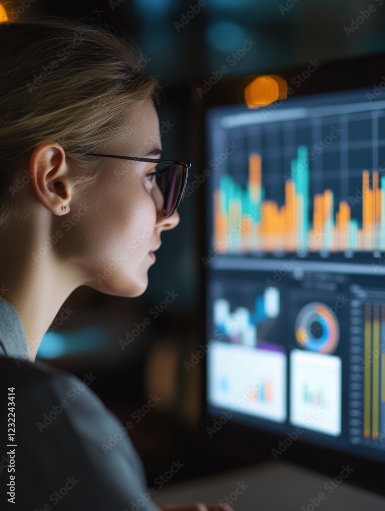 Poster woman analyzing data on a computer screen with graphs and charts.