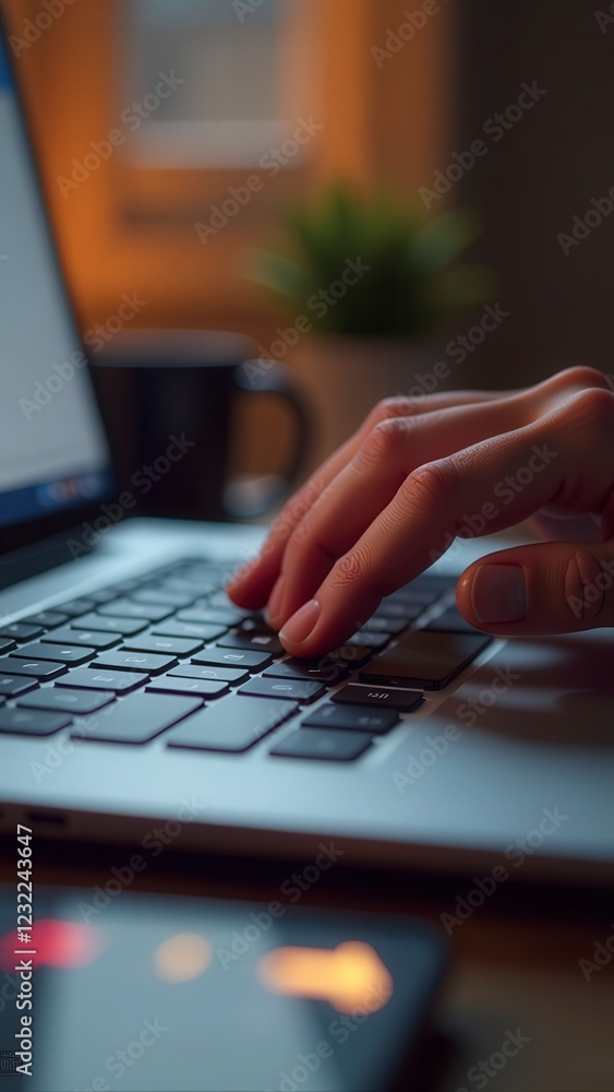 Poster programmer writing code on laptop keyboard in home office at night