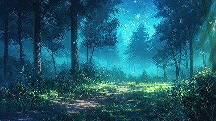 Fototapeta premium Serene Hyperdetailed Forest Clearing with Magical Glow and Starry Sky, Inviting Peaceful Nature Experience in a Tranquil Landscape Setting