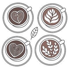 Hot coffee menu. Front view. Latte, cappuccino, americano, espresso, mocha, cocoa. Vector illustration.