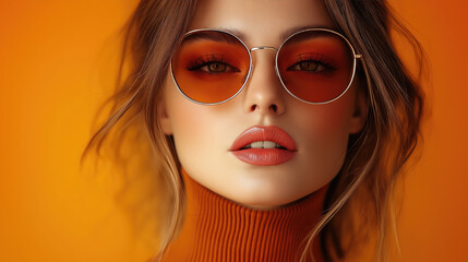 Fototapeta premium A fashionable woman with auburn hair and orange sunglasses, dressed in autumn tones, stands against an orange background. A warm and cozy aesthetic