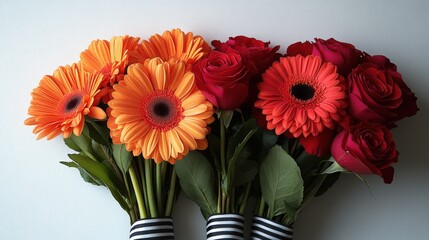Orange gerbera daisies and red roses with a black and white ribbon on white