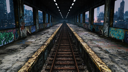 Naklejka premium Abandoned Train Station with Cracked Platforms and Rusted Rails at Dusk