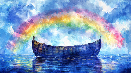 Luminous watercolor depiction of majestic rainbow over boat