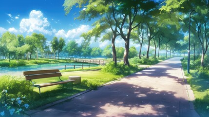 Fototapeta premium Serene Park Landscape with Lush Greenery, Clear Blue Sky, and Inviting Pathway Along the Calm Water Surface
