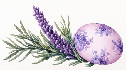 A delicate arrangement featuring a beautifully decorated purple egg nestled among lavender sprigs, perfect for spring or Easter-themed designs.