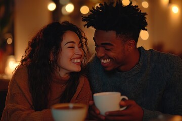 Romantic Evening: Couple Sharing Laughter and Warm Drinks