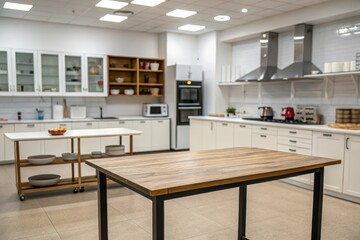 Obraz premium Empty wooden kitchen table in a modern, bright kitchen with white cabinets and stainless steel appliances