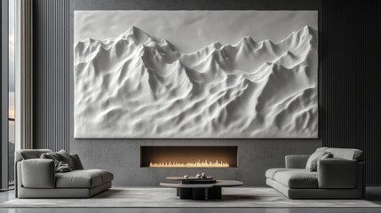 Modern white mountain relief sculpture above fireplace in contemporary living room.