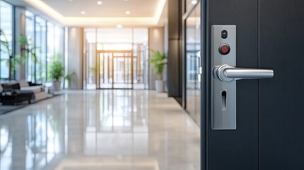 Modern door lock features multiple buttons and levers, showcasing sleek black metal design against a contemporary interior backdrop