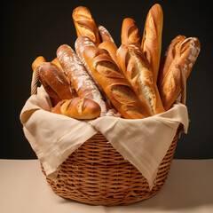 Artisan breads arranged beautifully in a woven basket showcasing a variety of shapes and textures in rich golden tones