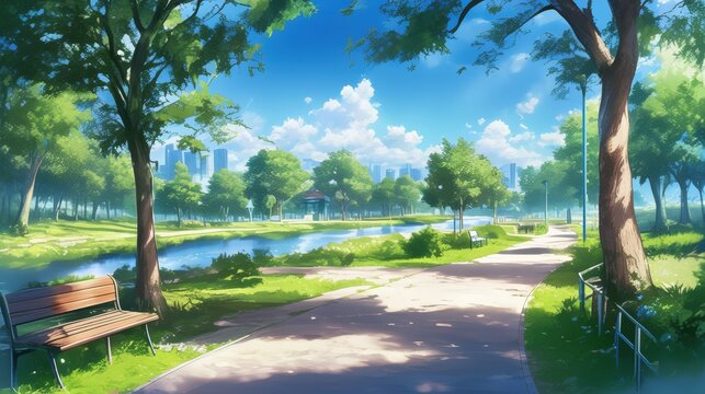 Serene Green Park Scene in Bright Daylight with Lush Trees, Calm Water, and Scenic Pathway for Anime Visual Novel Game Background