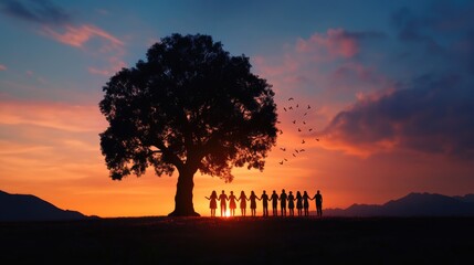 Sunset Silhouette of Unity: People Holding Hands Under a Majestic Tree