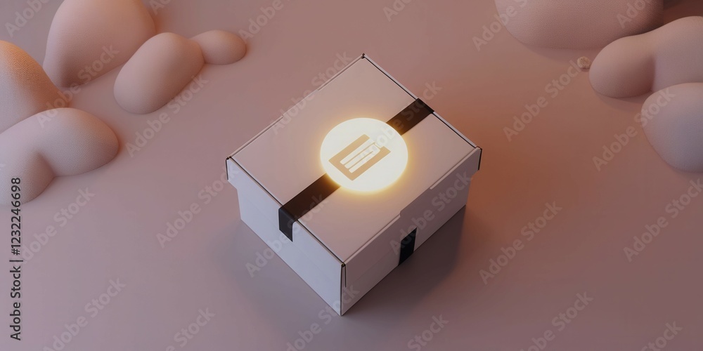 Poster a white box with a black border and a white circle with the letter e on it. the box is lit up and pl