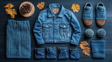 A fashion set for autumn and winter seasons, featuring denim jackets, slip-on shoes, and cozy jeans