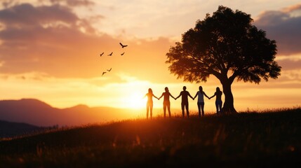 Silhouette of Friends Holding Hands at Sunset