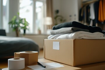 A neatly arranged box filled with folded clothes, representing organization and preparation for a move, symbolizing transition and the excitement of new beginnings.