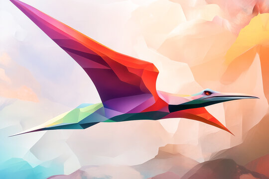 Flying dinosaur, Pterodaustro inspired extended wings flight, sharp predatory hunting focus, geometric background 