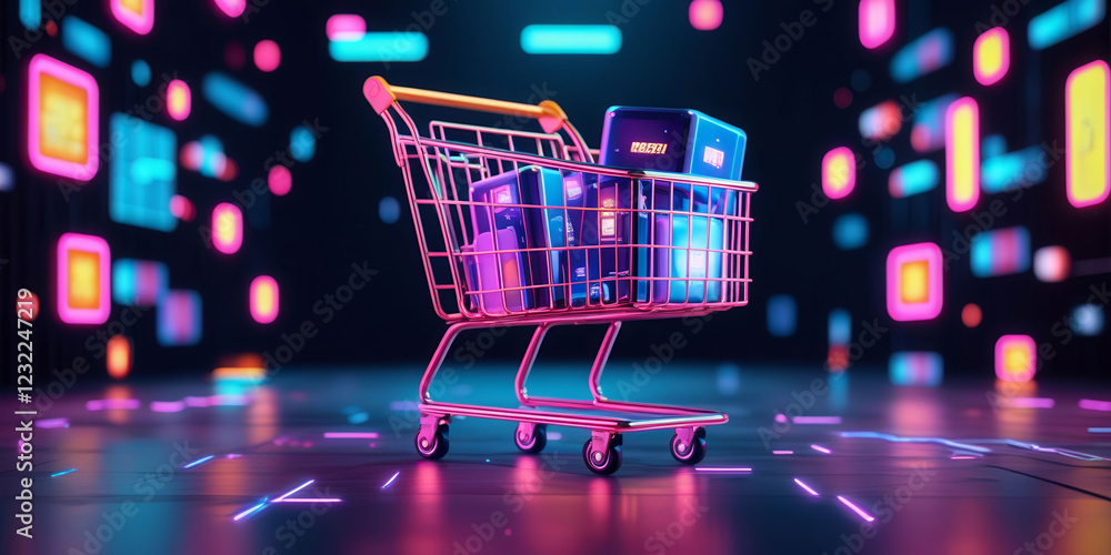 Poster a shopping cart full of items is surrounded by colorful blocks. the scene is set in a futuristic env