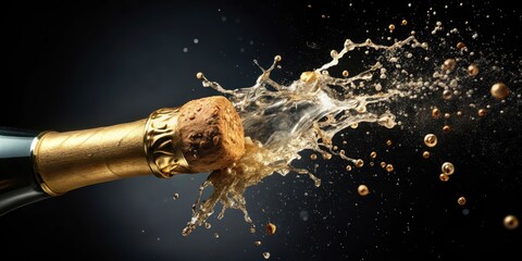 Champagne cork popping in mid-air with splashes on black background, revealing golden liquid and tiny bubbles, conveying celebration and festive atmosphere, glassware, pop of champagne