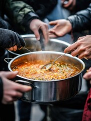 Volunteers serving hot soup for homeless in community charity donation center, coronavirus concept.