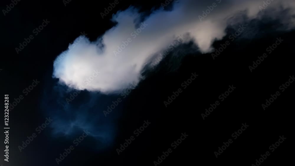 Poster white smoke trail expanding and swirling across dark background, generating dynamic visual movement 
