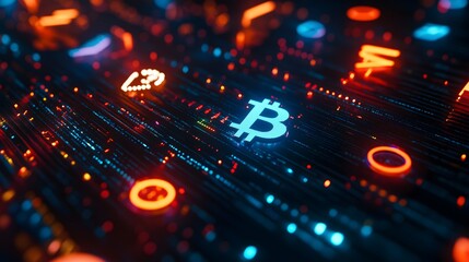 Illustration of a glowing digital network with floating cryptocurrency symbols, featuring a bright Bitcoin icon among neon data streams in a futuristic tech environment.