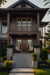 Luxury Modern Home Exterior: Elegant Gray House with Wooden Accents and Landscaped Entrance