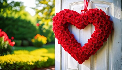 Heart-Shaped Red Rose Wreath Adorning a White Door in Garden
