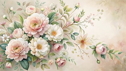 Intricate, hand-painted floral arrangement featuring delicate flowers in shades of pastel pink and white, set against a soft, creamy background, soft floral, floral design