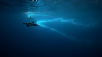 Obraz premium Two dolphins glide gracefully through the deep blue ocean, leaving glowing bioluminescent trails behind them. The magical underwater scene captures the beauty and mystery of marine life.