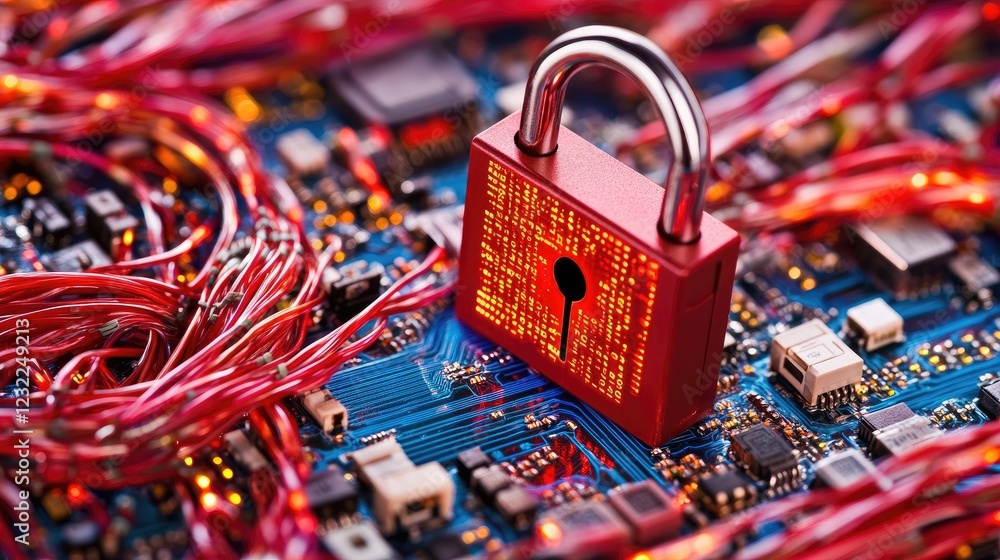 Aufkleber a cyber-security lock with digital data streams, blue gradient background.