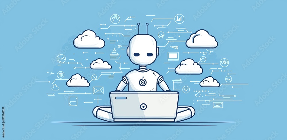 Poster ai robot on laptop with cloud computing and code symbols