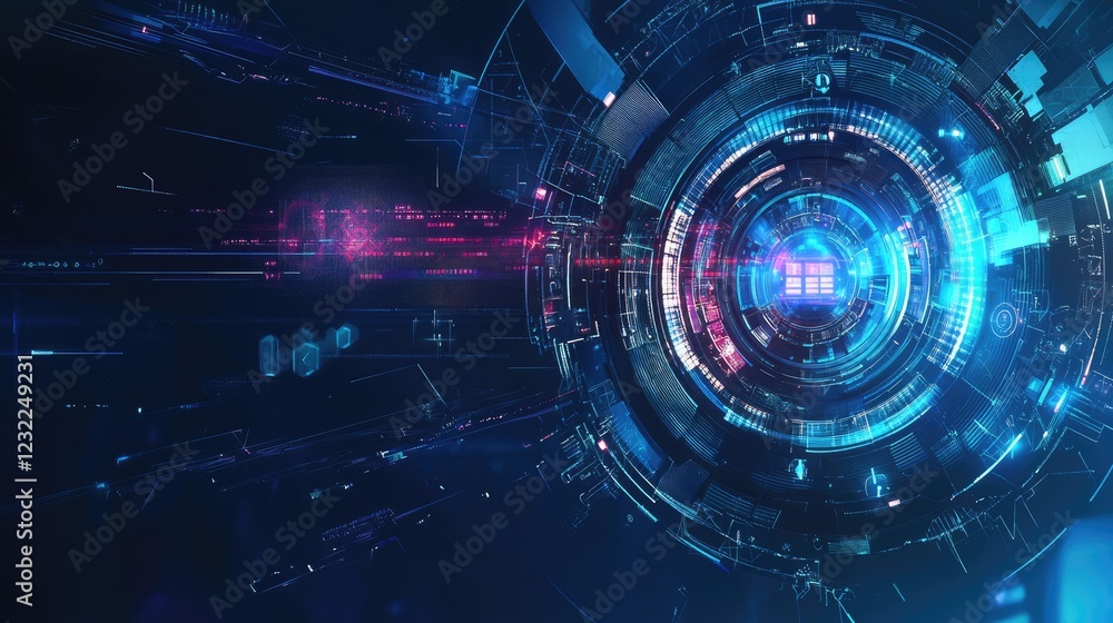 Poster a cyber-security lock with digital data streams, blue gradient background.