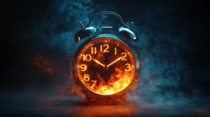 Classic alarm clock with fiery hands glowing in smoky atmosphere