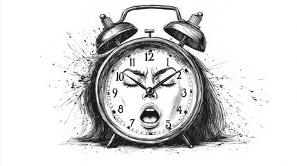 Frustrated expression merges with classic alarm clock design in unique art piece