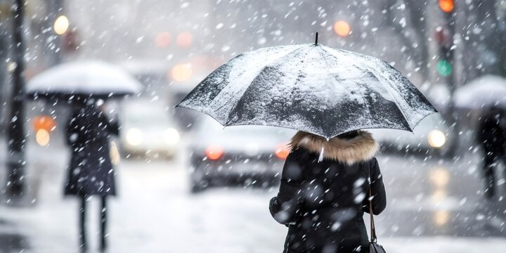 Woman walking with an umbrella through a snowy city street, braving the snowstorm and cold weather during a winter day