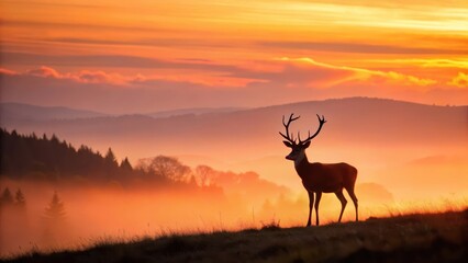 Deer silhouette at sunrise against a warm orange and pink sky with gentle hills in the background, landscape picture, deer image