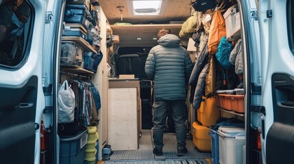 Person stands inside a well-organized camper van with various storage solutions and clothing