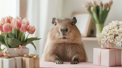 Adorable capybara sitting at a table with flowers and wrapped gifts for Women’s Day
