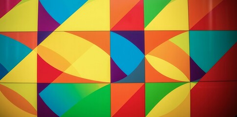 A colorful abstract painting with many different shapes and colors. The painting is full of energy and excitement, with a sense of movement and depth. The colors are bright and bold