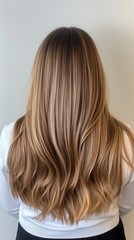 Naklejka premium A person with long, shiny hair is facing away, showcasing natural waves and layers. The smooth texture shines under soft indoor lighting against a plain wall
