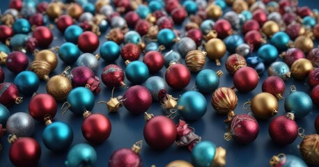 Colorful Christmas ornaments scattered on a blue background, christmas decoration ideas, ornament arrangement