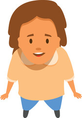 Cheerful girl with brown hair and casual clothes is viewed from above, creating a unique and playful perspective