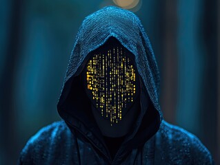 A person with a hooded dark jacket and yellow data matrix on face is standing outside